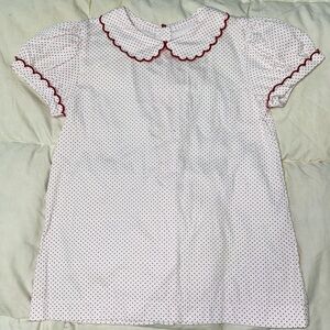 James and Lottie white blouse with red polka dots and scalloped collar sz 7 EUC